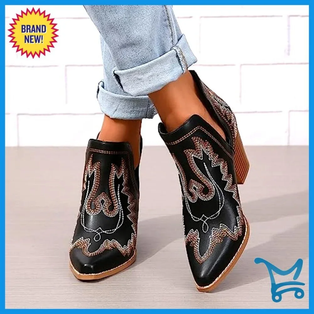 Women's Western Cowboy Booties Embroidered Stitched Pointed Toe Ankle Boots